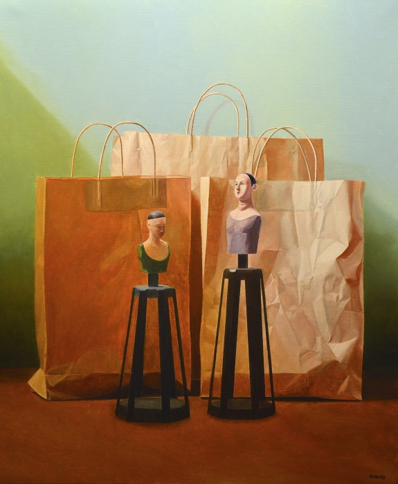Still Life with Paper Bags and Wooden Statuettes