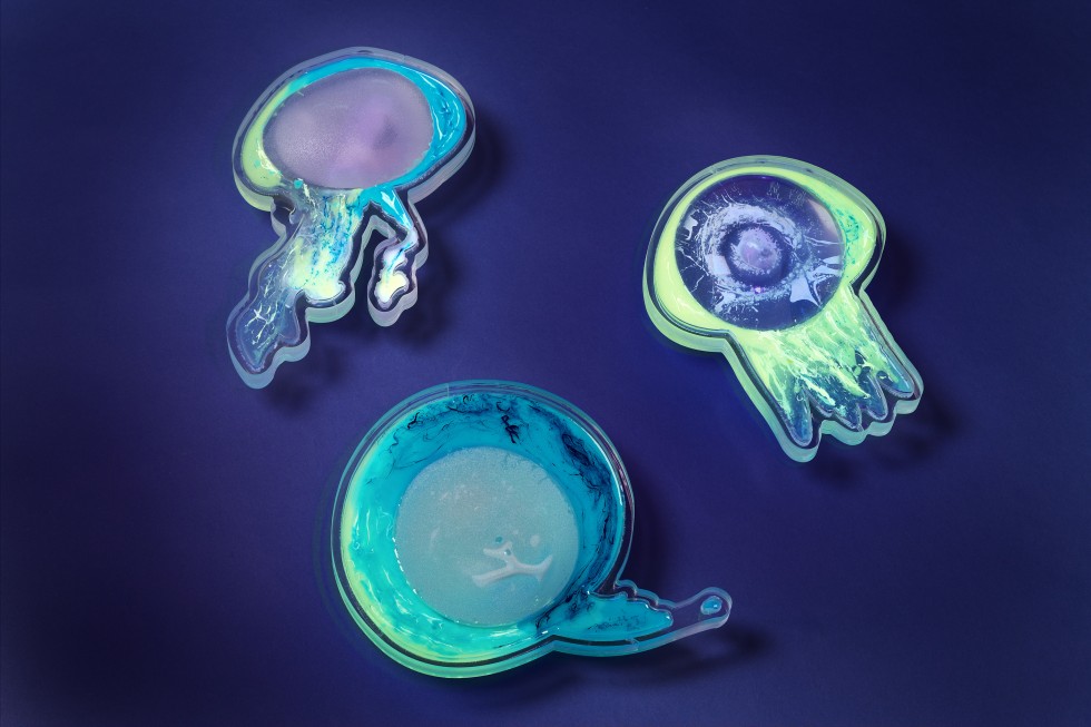 Left - Bright Like Neon Love: Vibrant Jellyfish 2013 Right - Clear Silicon Breast Implant Jellyfish 2013 Bottom - Jellyfish Viewed From Above 2013