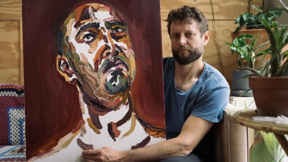 Ben Quilty with one of Sukumaran's Self Portraits